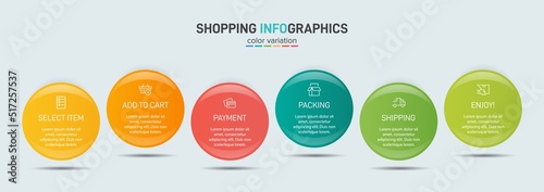 Concept of shopping process with 6 successive steps. Six colorful graphic elements. Timeline design for brochure, presentation, web site. Infographic design layout.