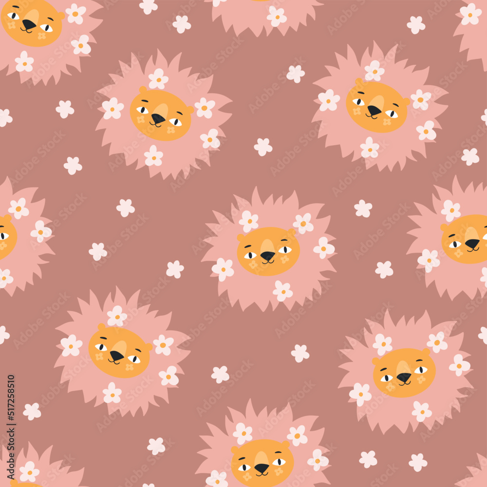 Obraz premium Modern floral lion seamless pattern. Trendy background