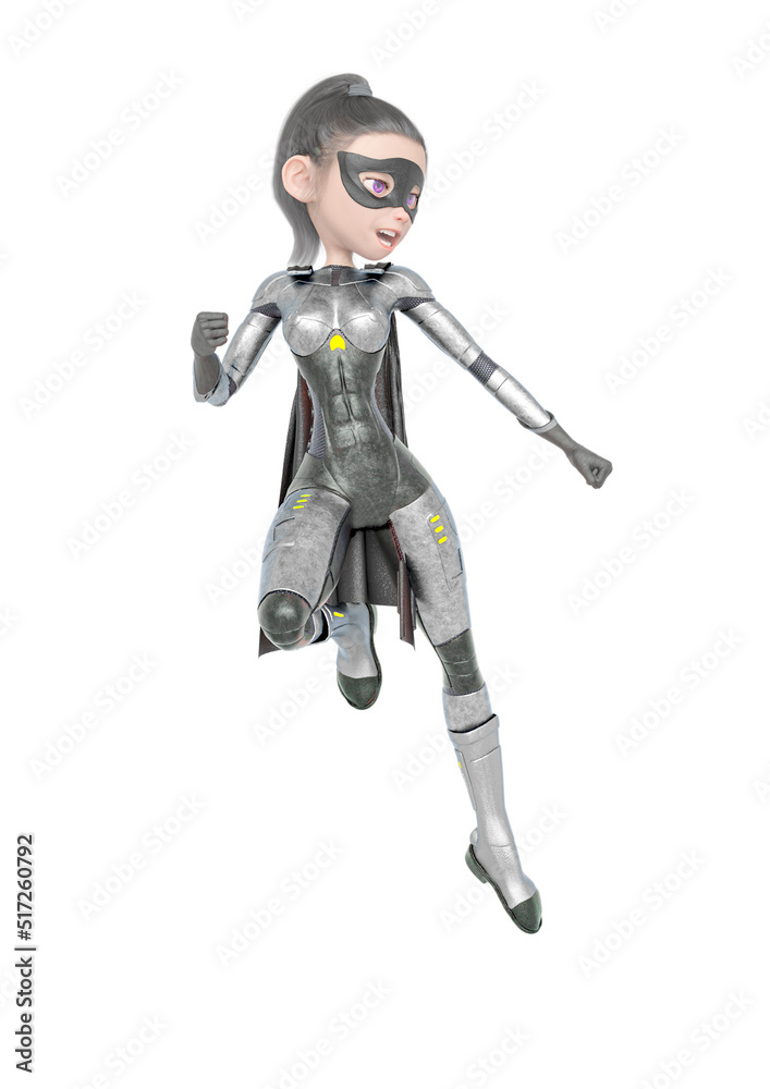 superheroine girl is floating and ready for action in white background