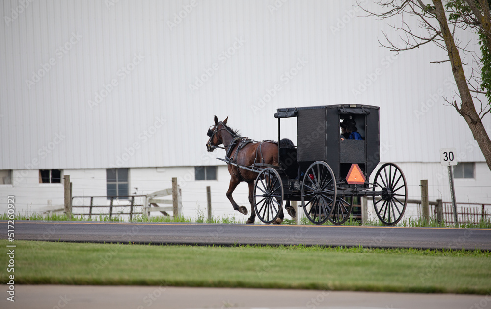 Amish horse and buggy on the road in front of a large white barn | Holmes County, Ohio