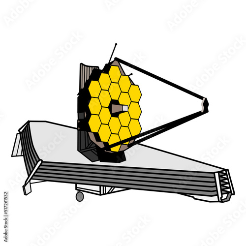 James Webb space telescope isolated on white background. Parts : primary mirror, secondary mirror, scientific instruments, stabilization flap, sunshade, antenna and spacecraft bus, vector illustration