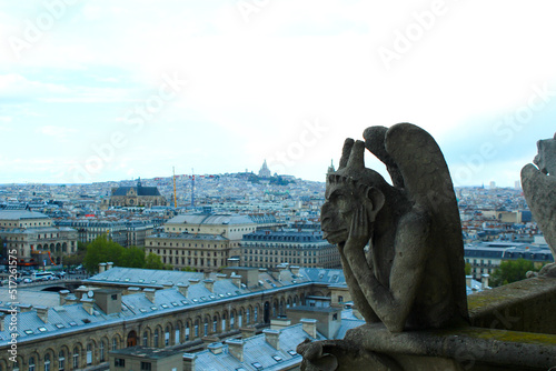Gargoyle Looking Over Paris from Notre Dame Cathedral. Paris, France