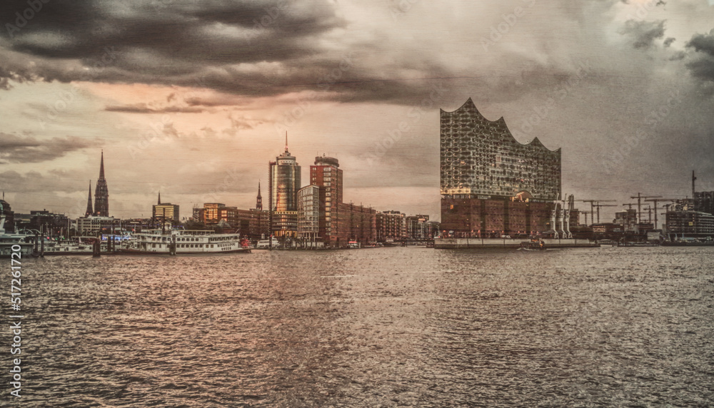 Artful Image of Hamburg Harbour and Skyline in the evening