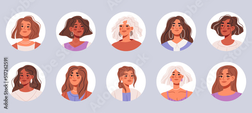 Bundle of different portraits people. Happy woman avatars set. Different round face profiles with multiracial persons. Female avatars bundle. Flat vector illustrations
