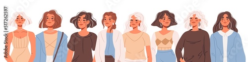 Banner with woman in trendy casual urban outfits. Group portrait of young modern woman. Flat vector illustrations