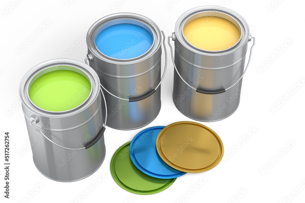 Set of open metal can or buckets of paint with handle on white background. Set of open metal can or buckets of paint with handle on white background.
