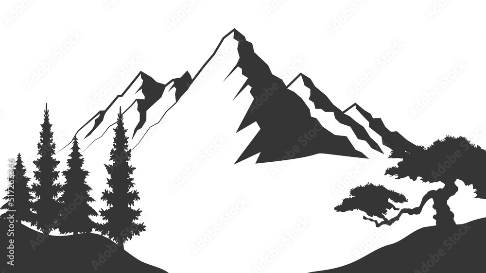 Landscape with silhouettes of mountains and Mountain river. Nature