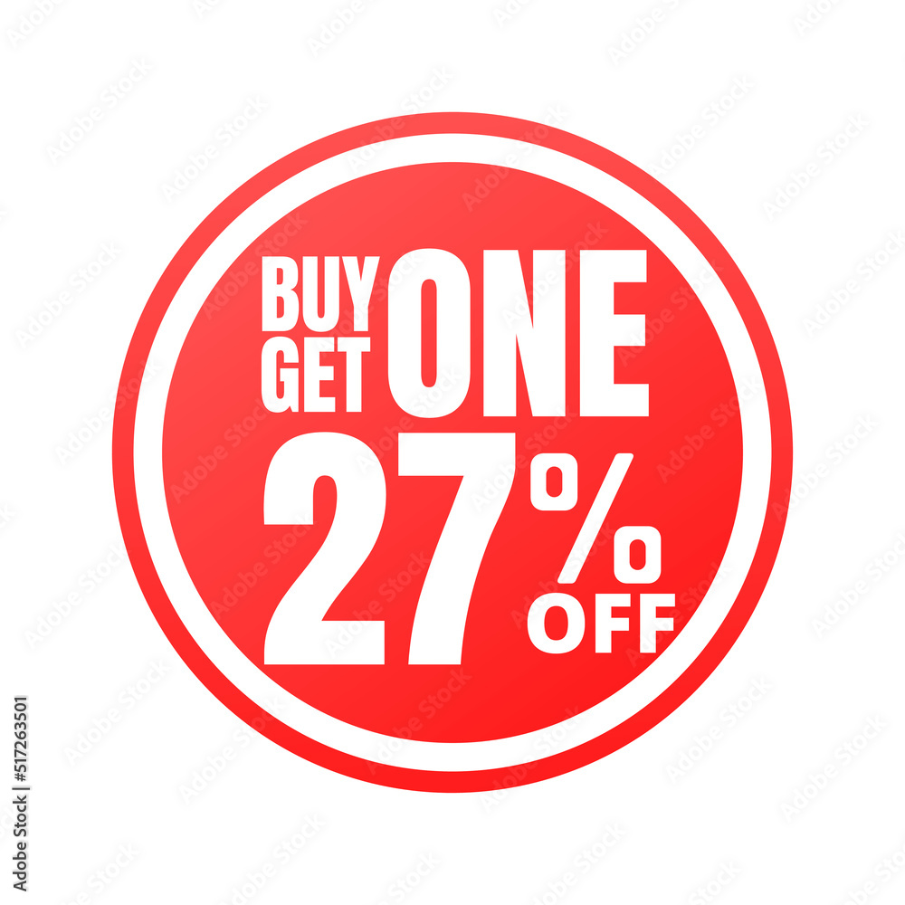 27% off, buy get one, online super discount red button. Vector illustration, icon Twenty-seven