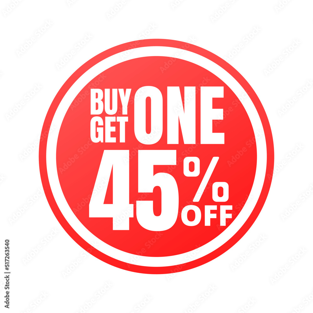45% off, buy get one, online super discount red button. Vector illustration, icon Forty five 45% off, buy get one, online super discount red button. Vector illustration, icon Forty five