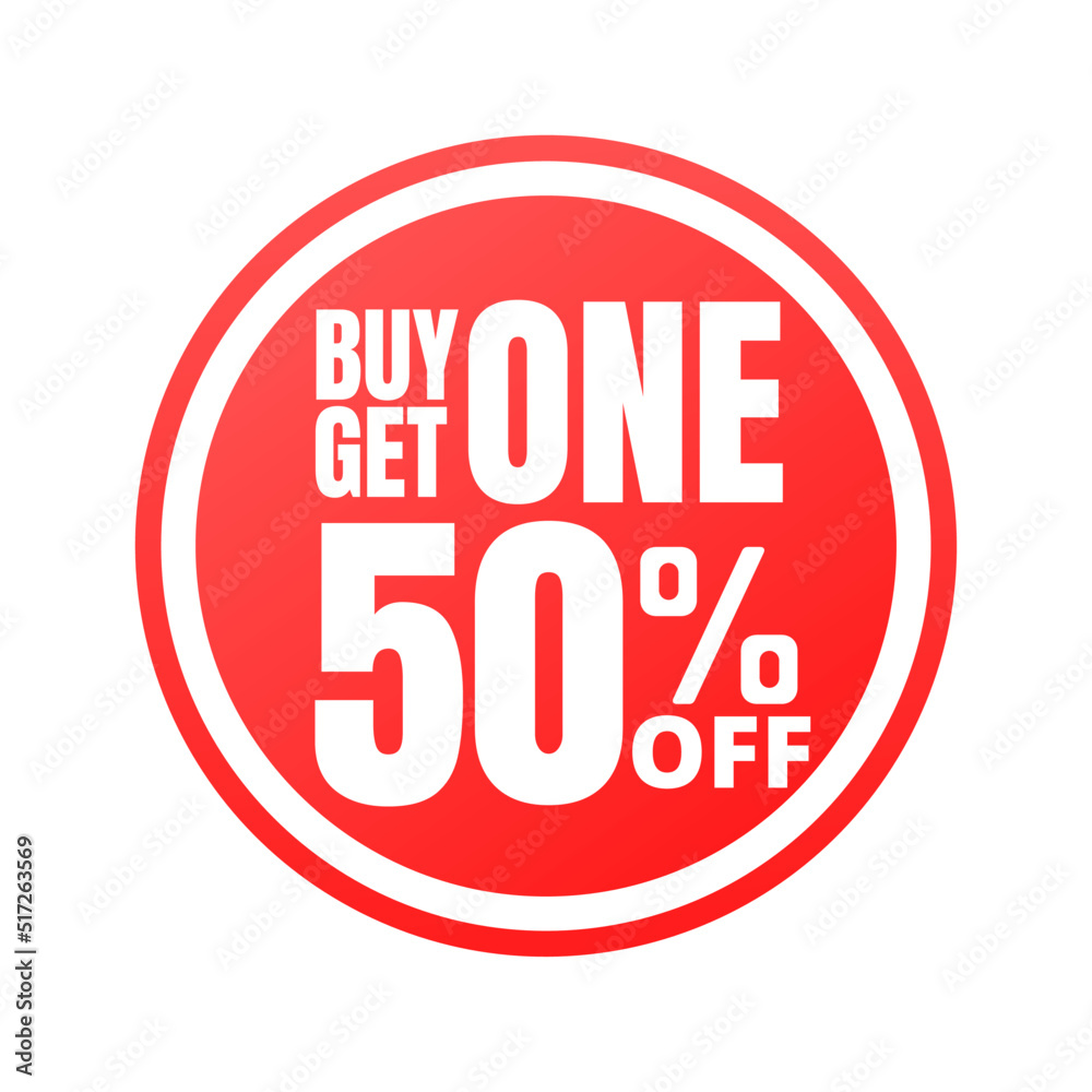 50% off, buy get one, online super discount red button. Vector illustration, icon Fifty 