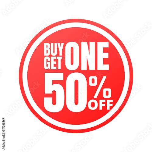 50% off, buy get one, online super discount red button. Vector illustration, icon Fifty 