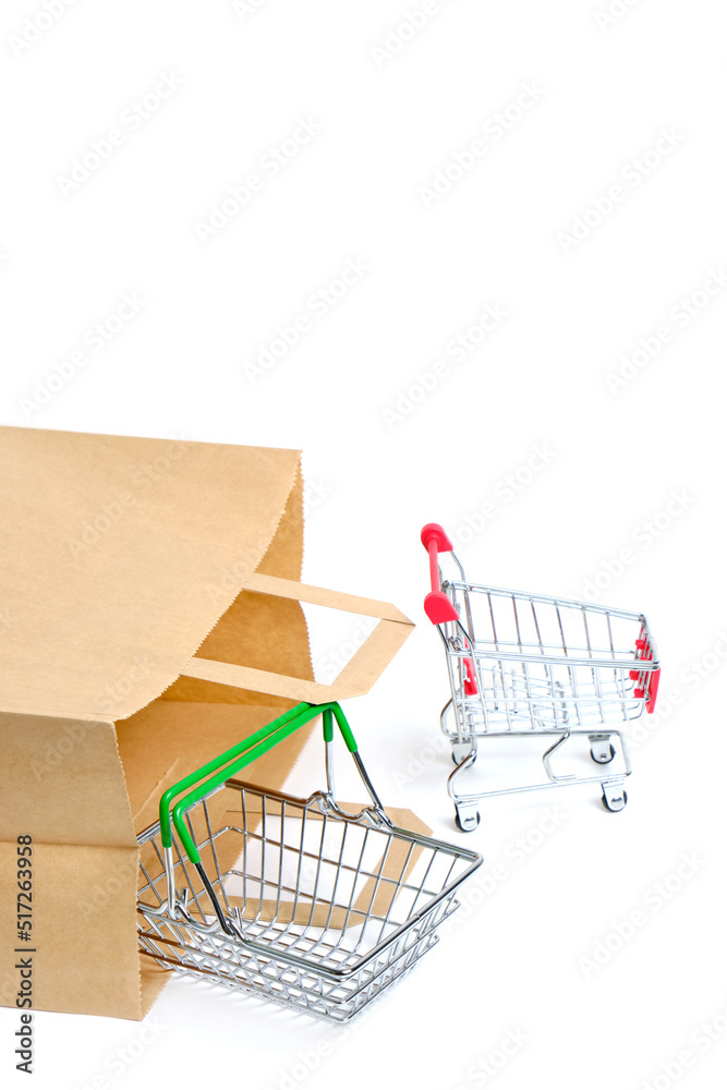 Paper bag, shopping cart and shopping basket white background.
