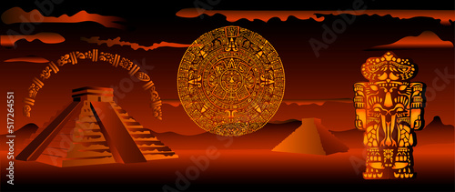 Mayan pyramids in the background of a mountain landscape. Temple of May and Toltecs. Background, consisting of symbols of the Mayan calendar.