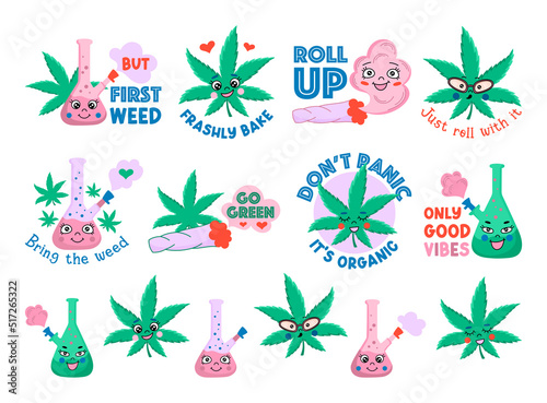 Weed vector illustration set. Cannabis quotes. Marijuana designs