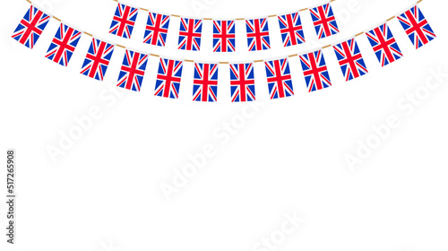 UK flag garland. Union Jack pennants chain. British party bunting decoration. Great Britain flags for celebration. Footer and banner background.
