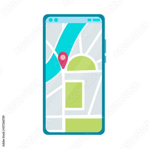 phone or tablet. Phone with map and marker. Mobile gps navigation and path tracking concept. The woman is holding a phone in her hand. Vector illustration.
