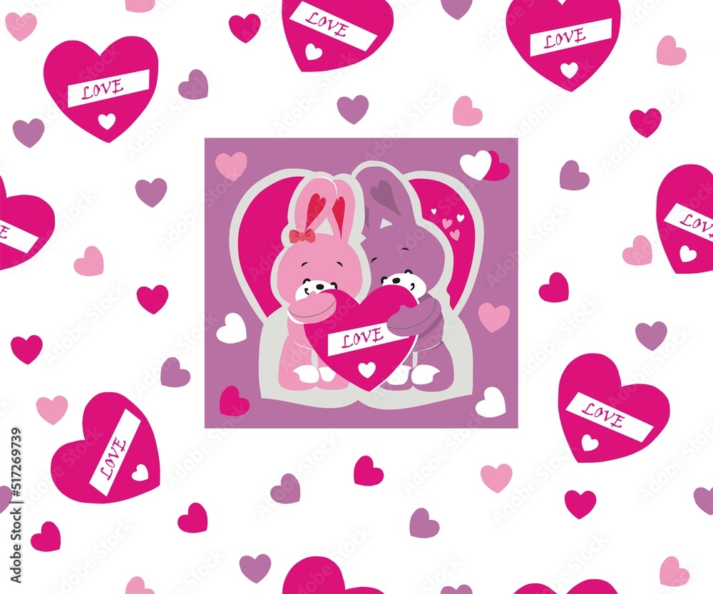 Seamless vector pattern with two hares and a hearts on a white background
for printing on fabric and paper. Design for fabric, textiles, wallpaper, notepad, Valentine's day cards. Seamless vector pattern with two hares and a hearts on a white background
for printing on fabric and paper. Design for fabric, textiles, wallpaper, notepad, Valentine's day cards.