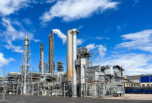 Large-capacity workshop for the production of ammonia from a petrochemical plant with copyspace. The appearance of a tubular furnace, a shaft converter, a CO2 absorber