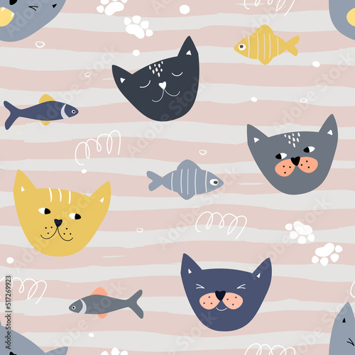 Fototapeta Naklejka Na Ścianę i Meble -  Seamless pattern with funny, funny heads of seals, fish on the background of waves. Baby abstract simple print. Vector graphics.