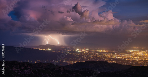 Lightning storm over Tucson, Arizona during monsoon season.  photo