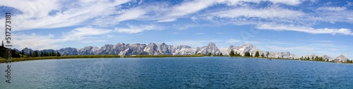 Panoramic view to Schalkogelsee and Totes Gebirge highest mountains  Grosser Priel  Spitzmauer  during the sunny day  Alps  Austria