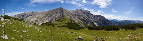 Panoramic view to peaks Schrocken and Pyhrner Kampl at Totes Gebirge moutains in Alps, Austia
