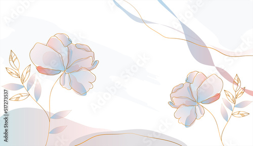 Spring floral in watercolor vector background. Luxury flower wallpaper design with pink flowers, line art, golden texture. Elegant gold botanical illustration suitable for fabric