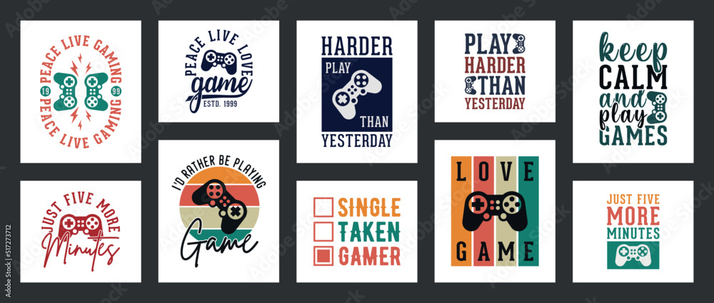 collection of ten vector gaming t-shirt design, gaming t-shirt design set, vintage gaming t-shirt design collection, typography gaming t-shirt collection, gaming retro style vector t-shirt collection