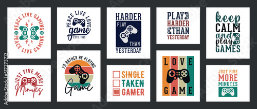 collection of ten vector gaming t-shirt design, gaming t-shirt design set, vintage gaming t-shirt design collection, typography gaming t-shirt collection, gaming retro style vector t-shirt collection