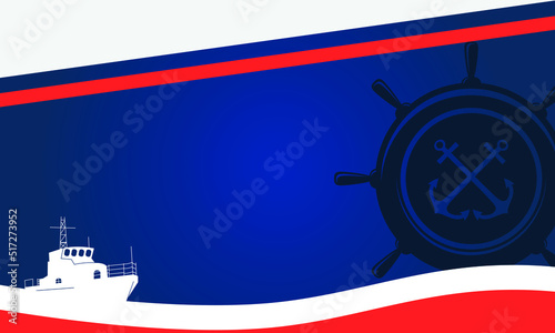 ship steering wheel and anchor, background coast guard with navy color