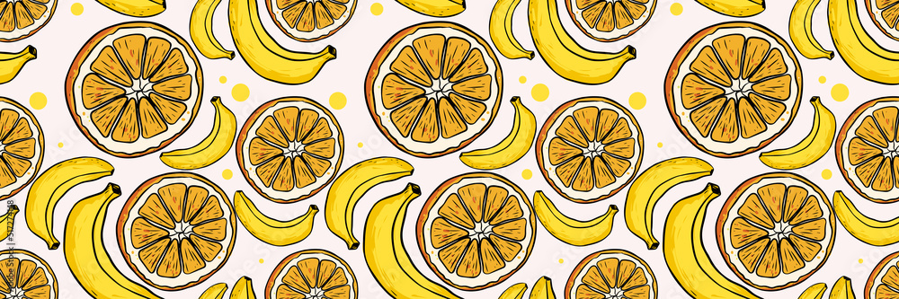 Oranges and bananas seamless patern for the background. A set of fruits for banners, textiles, wallpaper, wrapping paper.