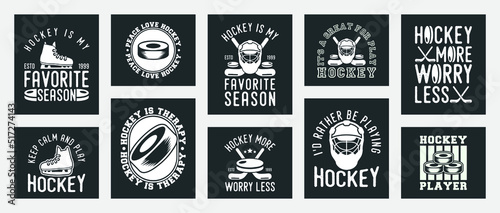 collection of ten vector hockey t-shirt designs, hockey t-shirt design set, vintage hockey t-shirt design collection, typography hockey t-shirt collection, retro style hockey vector t-shirt collection