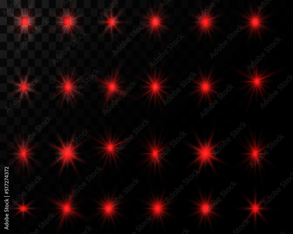 Set of red neon flashes of light, lights and sparks isolated on a transparent background. Bright red flashes and glare. Vector illustration Set of red neon flashes of light, lights and sparks isolated on a transparent background. Bright red flashes and glare. Vector illustration