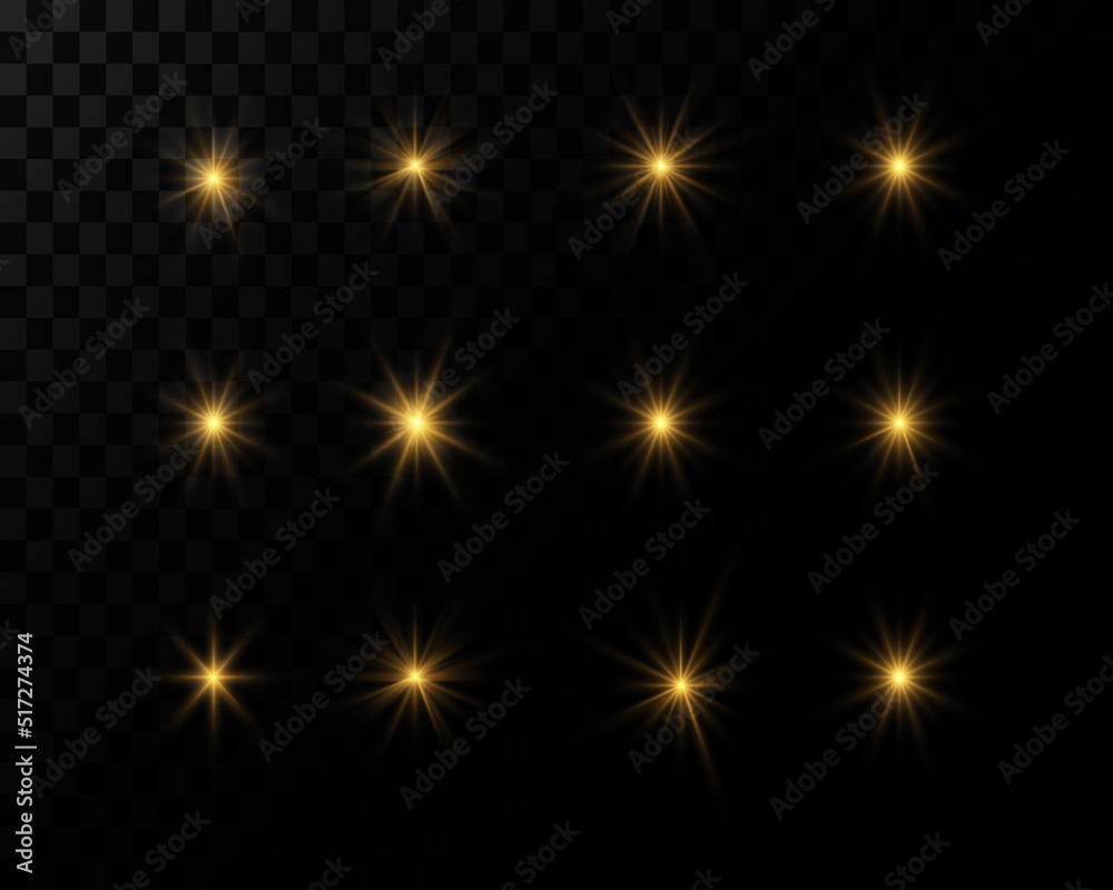A set of flashes of light, lights and sparks. Abstract golden lights isolated on transparent background. Bright golden flashes and highlights. Bright rays of light. Vector illustration A set of flashes of light, lights and sparks. Abstract golden lights isolated on transparent background. Bright golden flashes and highlights. Bright rays of light. Vector illustration