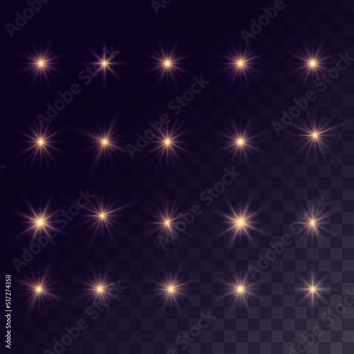 Set of flashes of light, lights and sparks. Abstract golden lights isolated on transparent background. Bright golden flashes and highlights. Vector illustration