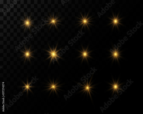 A set of flashes of light, lights and sparks. Abstract golden lights isolated on transparent background. Bright golden flashes and highlights. Bright rays of light. Vector illustration