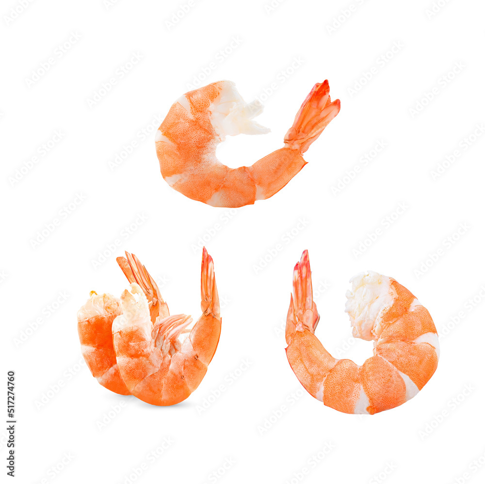 Cooked shrimp isolated on white background.