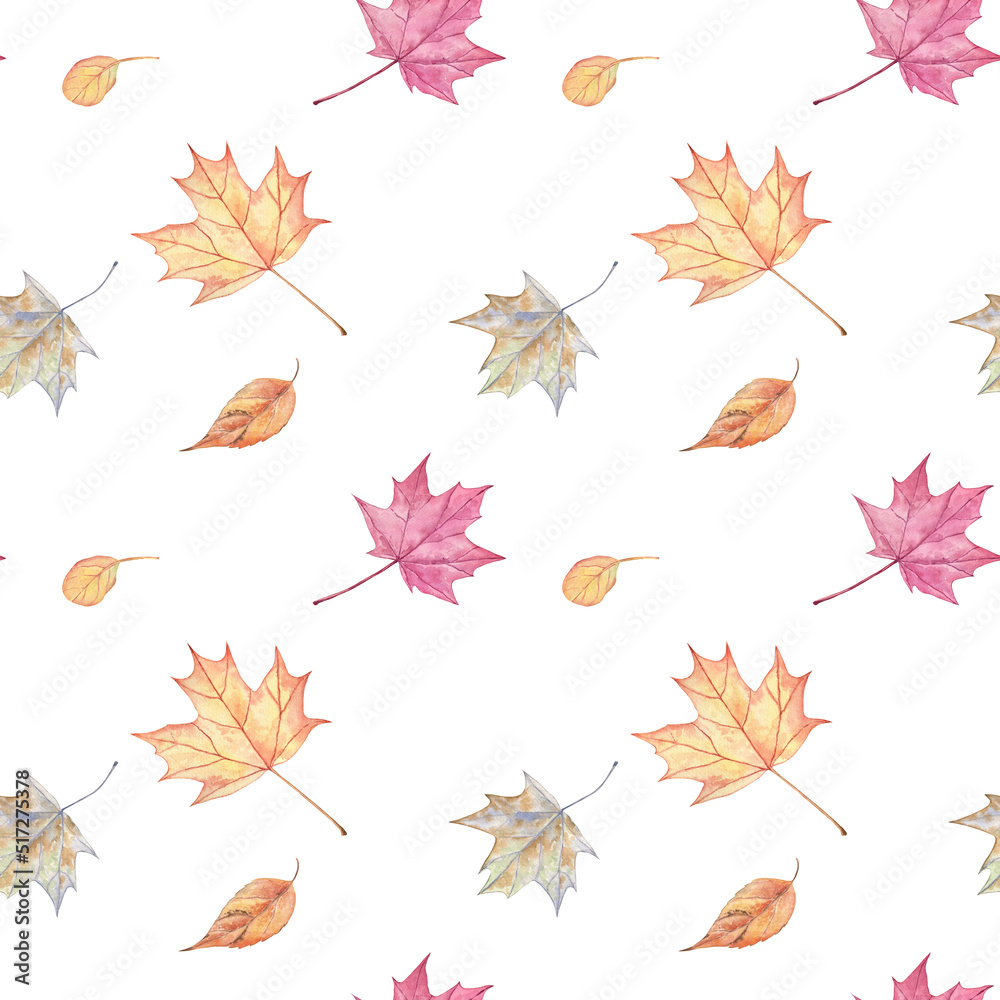Seamless pattern with autumn maple leaves on white background. Elements are hand drawn with watercolors. Cute and elegant surface design for the fall season; for fabric, wrapping paper, home textile Seamless pattern with autumn maple leaves on white background. Elements are hand drawn with watercolors. Cute and elegant surface design for the fall season; for fabric, wrapping paper, home textile