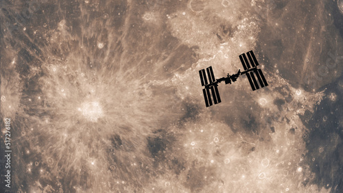 International Space Station passing in front of the moon. The ISS and the moon. Photo realistic 3D render.