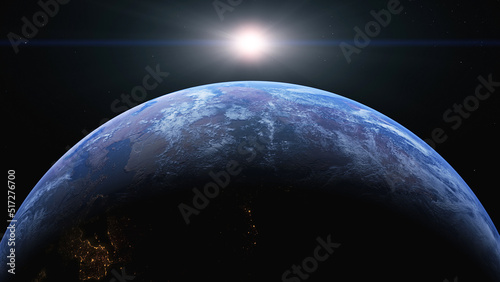 The planet earth while sun is rising. Ultra realistic 3D render.