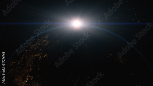 The planet earth while the sun is rising. Ultra realistic 3D render.