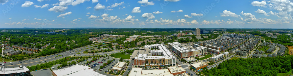 Aerial panoramic view of the Crown neighborhood in Gaithersburg, Montgomery County, Maryland.