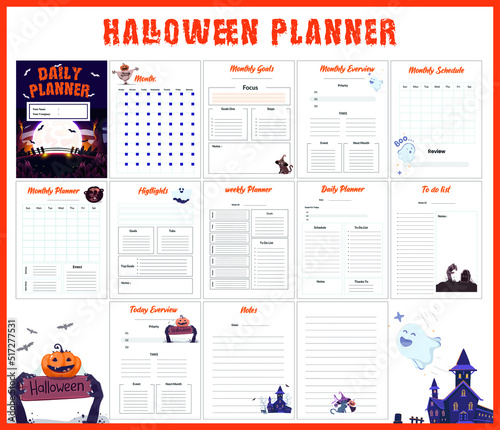 Printable Monthly planner, with Halloween cute elements.
to do list, goals setting, focus, weekly and daily planner, Notes, and Halloween cover design