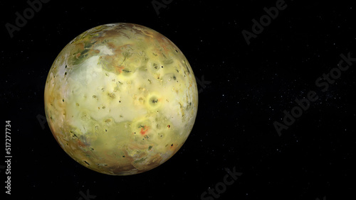 Jupiter's moon Io with text space on the right. Realistic 3D render of Io and stars. Io in space. photo