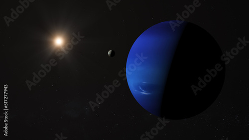 Neptune, Triton and Sun. Neptune from space. Ultra realistic 3D render. 