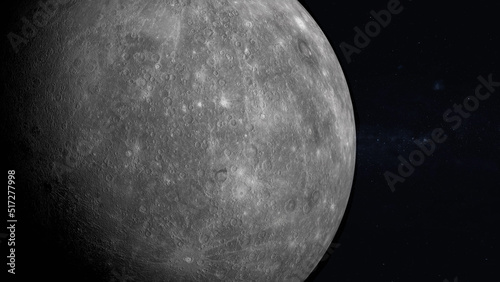 Planet Mercury in space Realistic 3D render of mercury and stars.