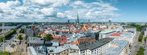 Aerial view of the Riga center in Latvia. Beautiful historical buildings, old town and streets of Riga