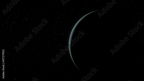 Planet Uranus in Crescent phase. Photo realistic 3D Uranus and stars.