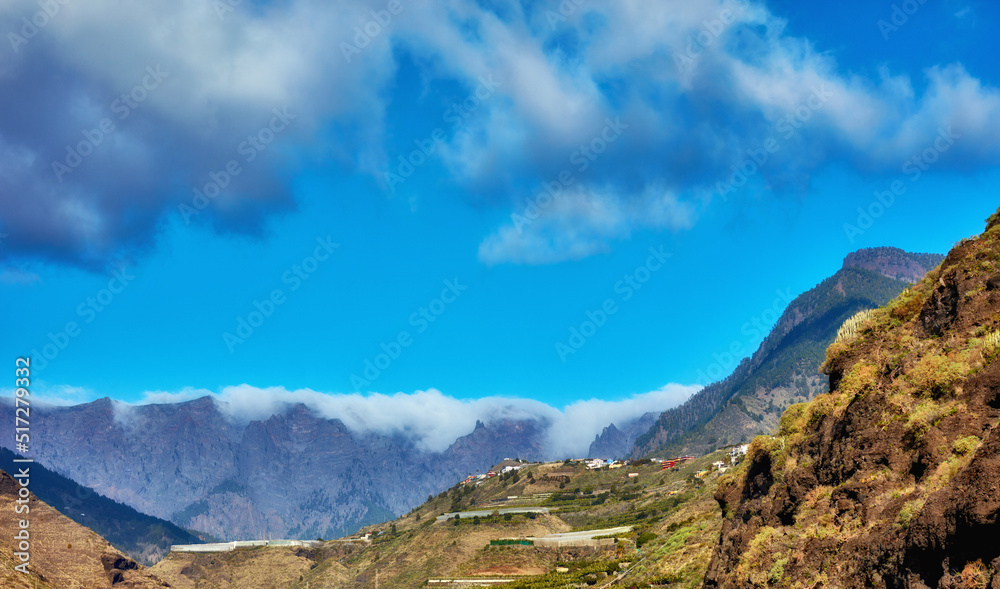 The beautiful Island of La Palma, Canary islands in Spain in summer. Landscape copyspace view of mountains and hills for hiking and adventure abroad. Scenic natural environment against a blue sky