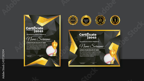 Baseball Certificate Design With Gold Cup Set Vector. baseball. Sports Award Template. Achievement Design. Graduation. Winner document. Winner's Cup